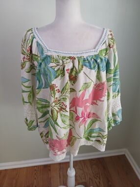 Nicole Miller Floral Linen Blend 3/4 Sleeve Blouse